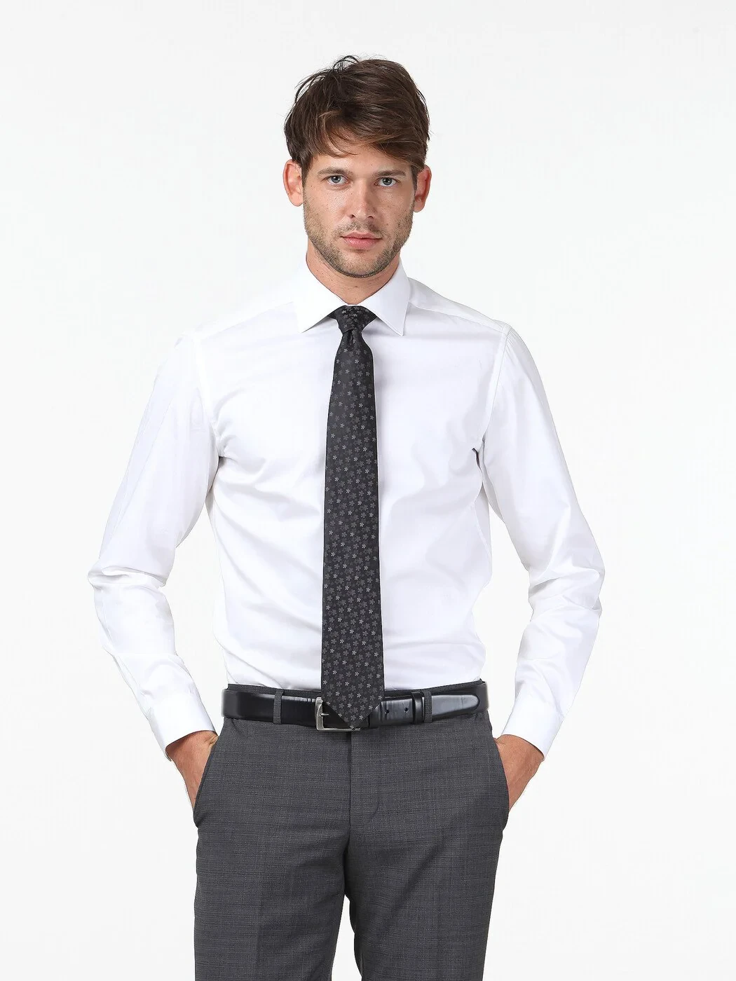 Beyaz Düz Slim Fit Dokuma Klasik %100 Pamuk Gömlek - 1