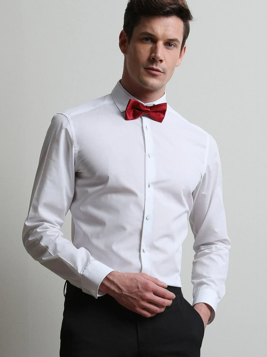 Beyaz Düz Slim Fit Dokuma Klasik %100 Pamuk Gömlek - 3