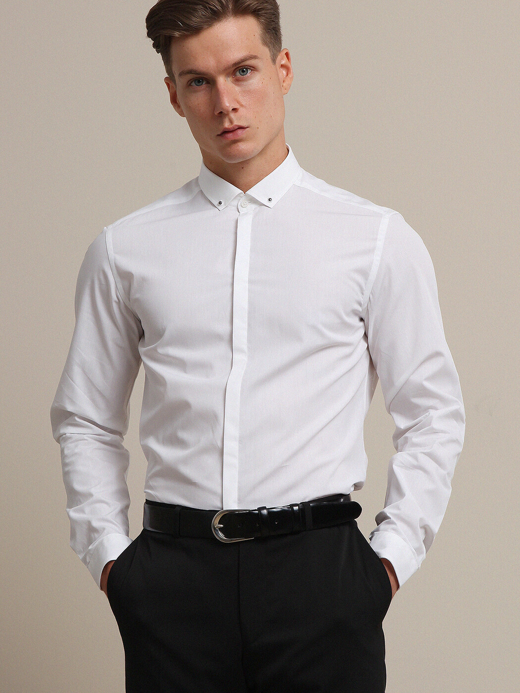 Beyaz Düz Slim Fit Dokuma Klasik %100 Pamuk Gömlek - 2