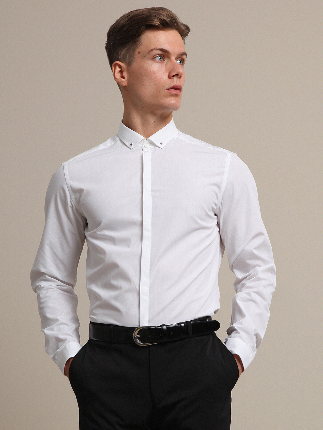 Beyaz Düz Slim Fit Dokuma Klasik %100 Pamuk Gömlek - 3
