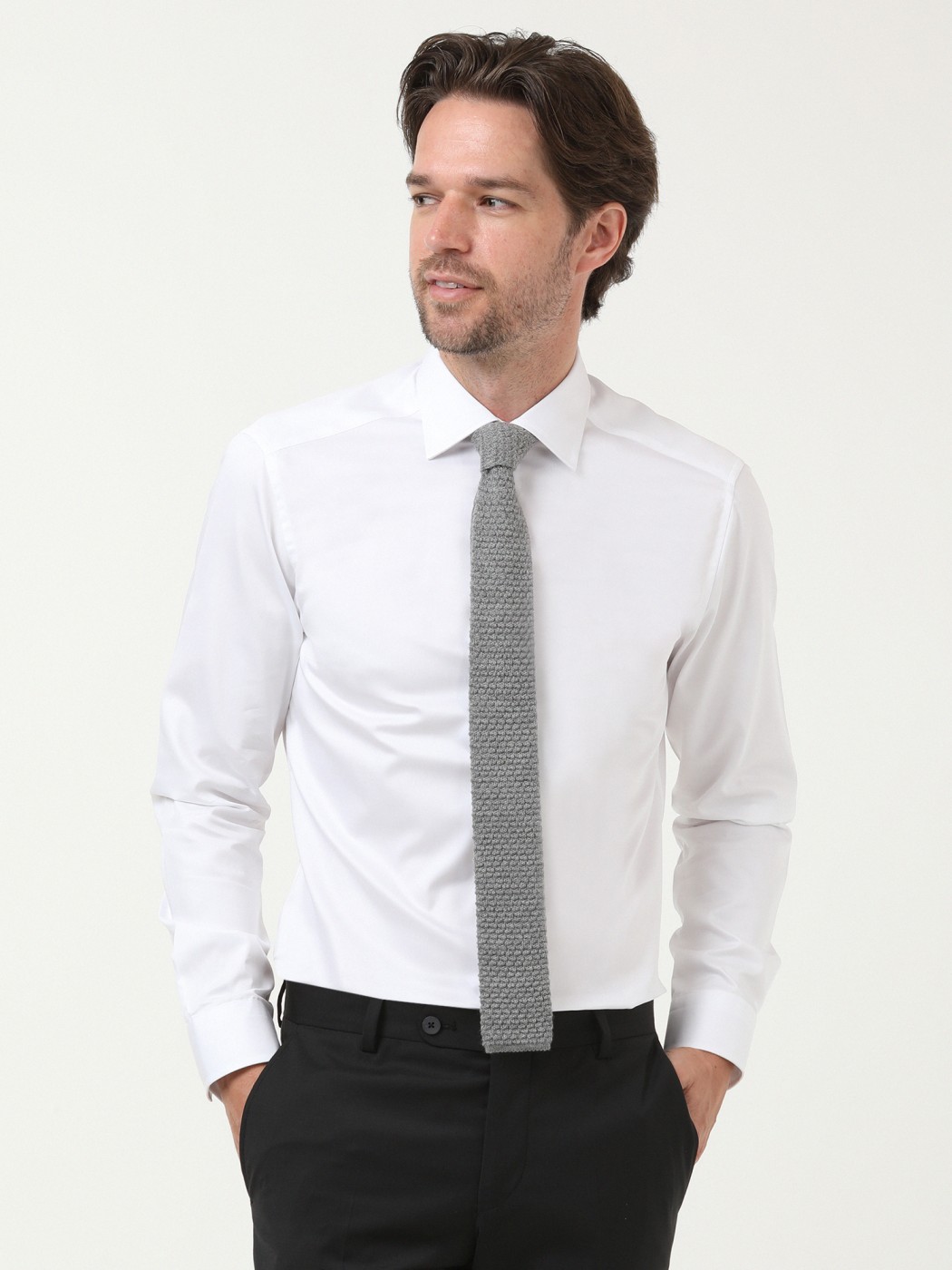 Beyaz Düz Slim Fit Dokuma Klasik %100 Pamuk Gömlek - 3