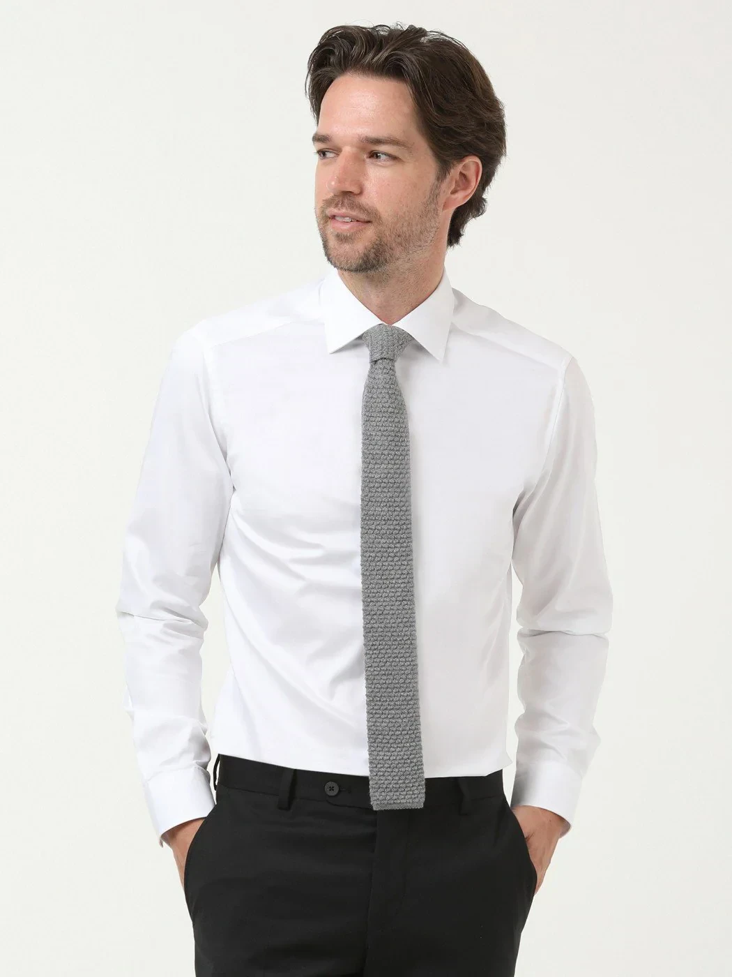 Beyaz Düz Slim Fit Dokuma Klasik %100 Pamuk Gömlek - 3