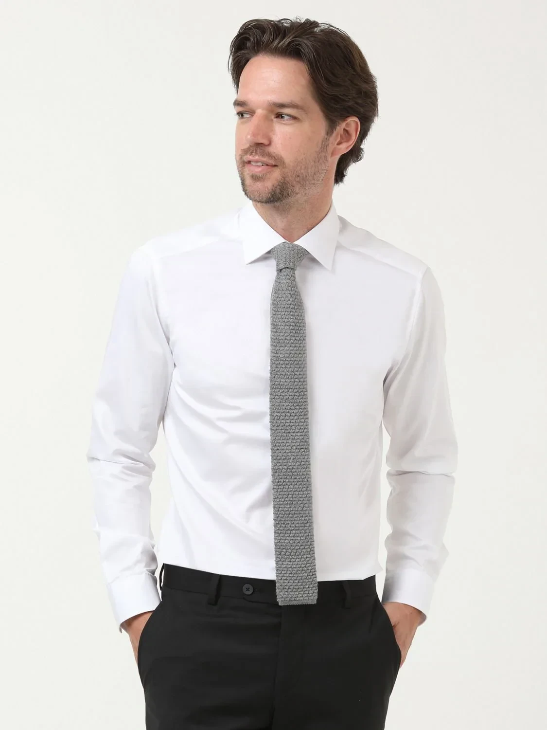 Beyaz Düz Slim Fit Dokuma Klasik %100 Pamuk Gömlek - 3