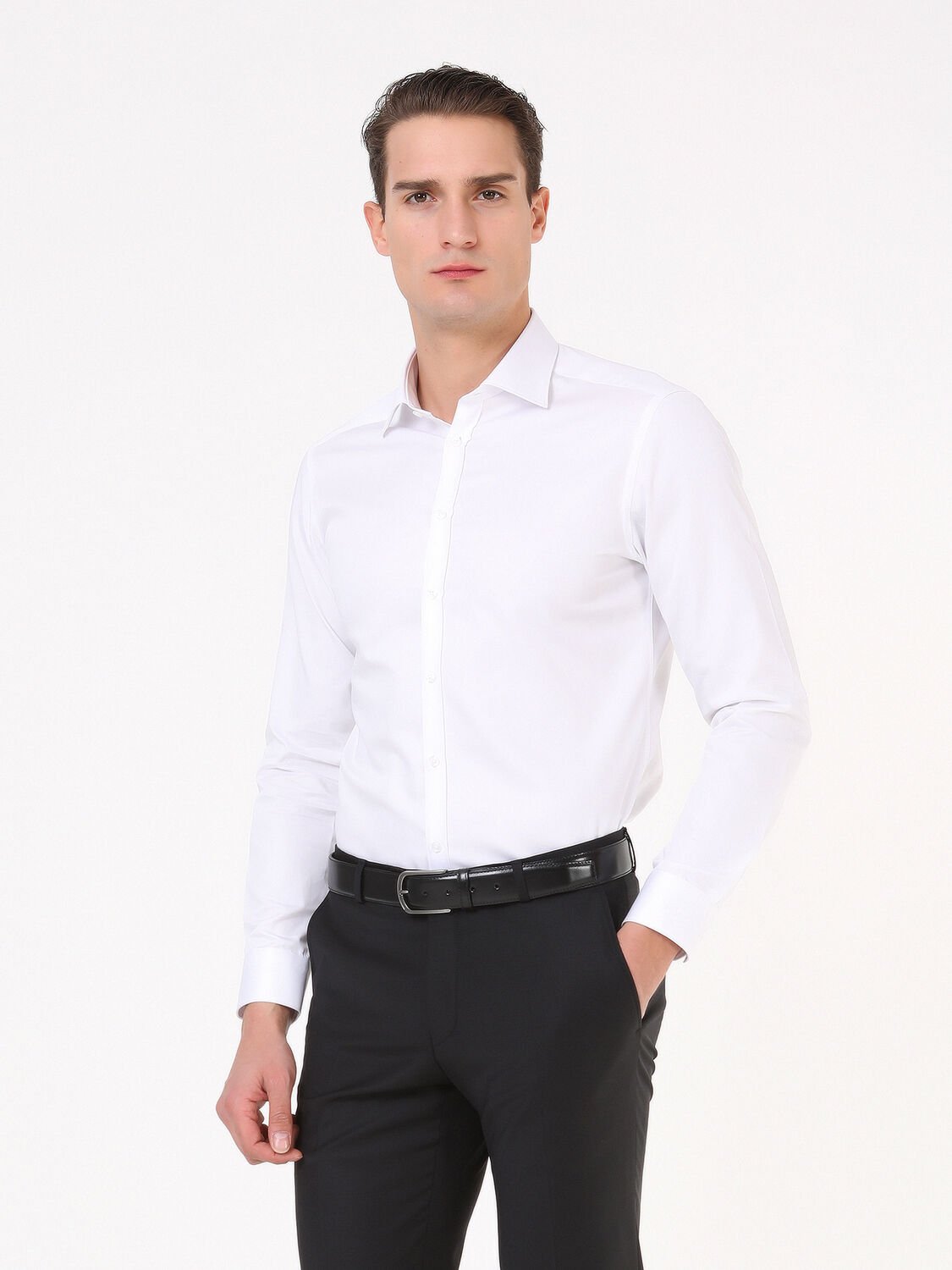 Beyaz Düz Slim Fit Dokuma Klasik %100 Pamuk Gömlek - 1