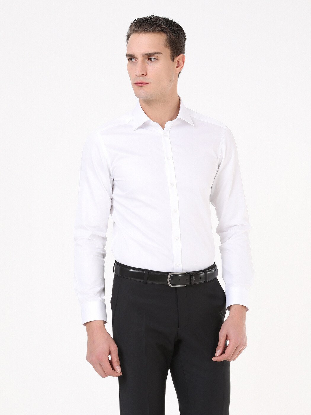 Beyaz Düz Slim Fit Dokuma Klasik %100 Pamuk Gömlek - 2