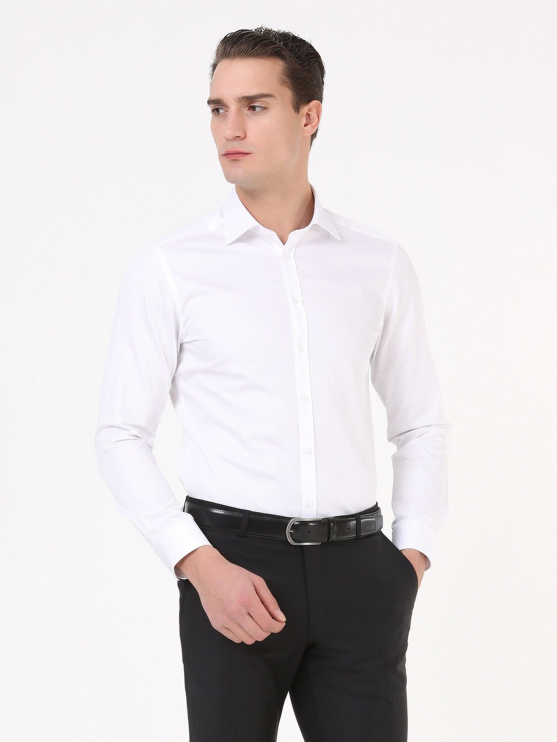 Beyaz Düz Slim Fit Dokuma Klasik %100 Pamuk Gömlek - 4