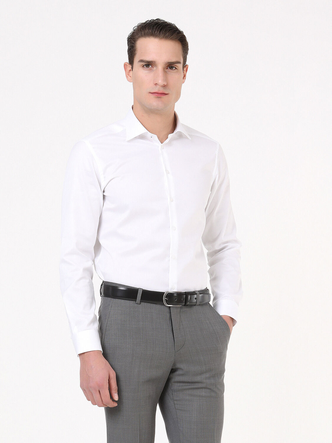 Beyaz Düz Slim Fit Dokuma Klasik %100 Pamuk Gömlek - 4