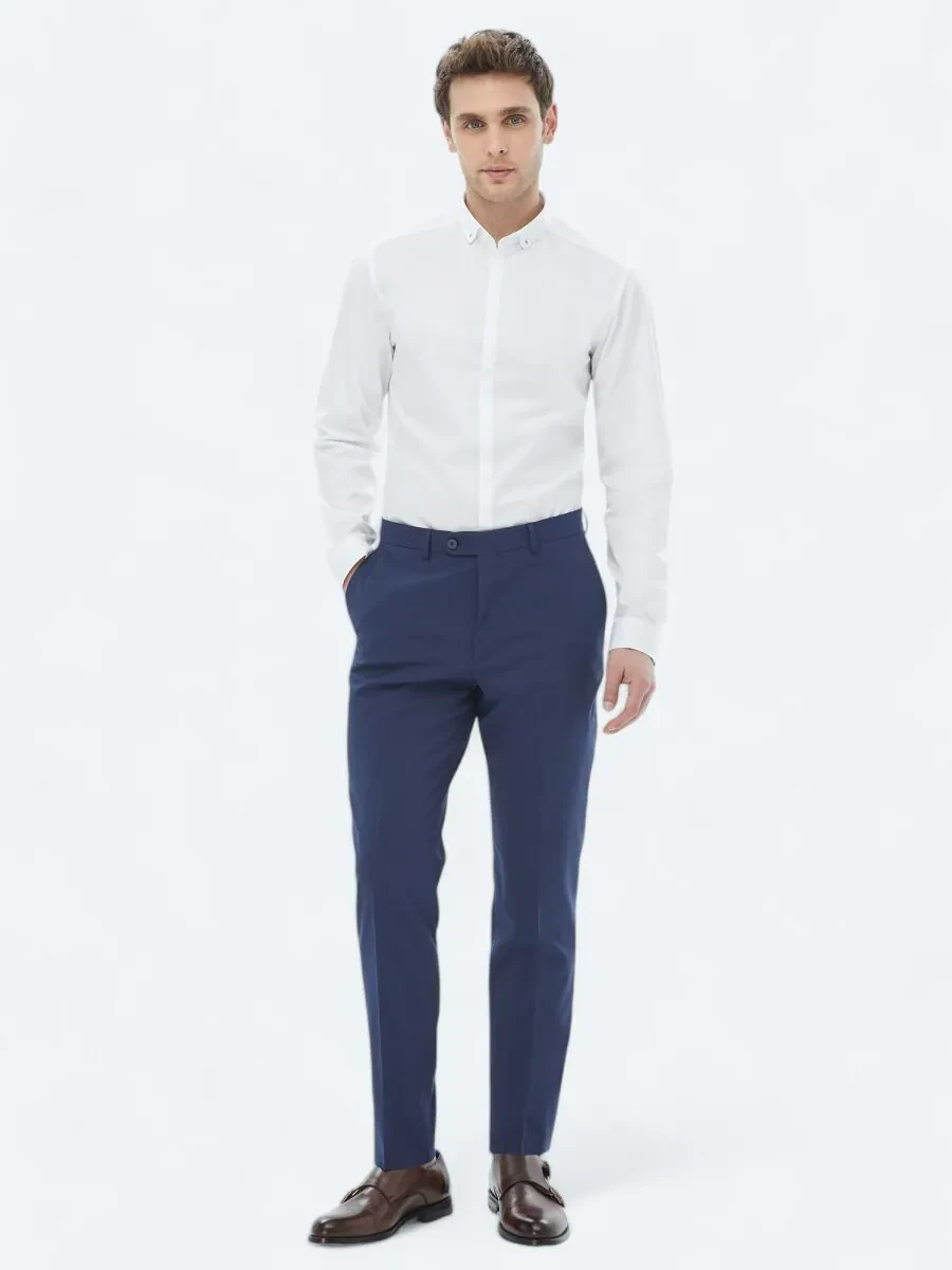Beyaz Düz Slim Fit Dokuma Klasik %100 Pamuk Gömlek - 3