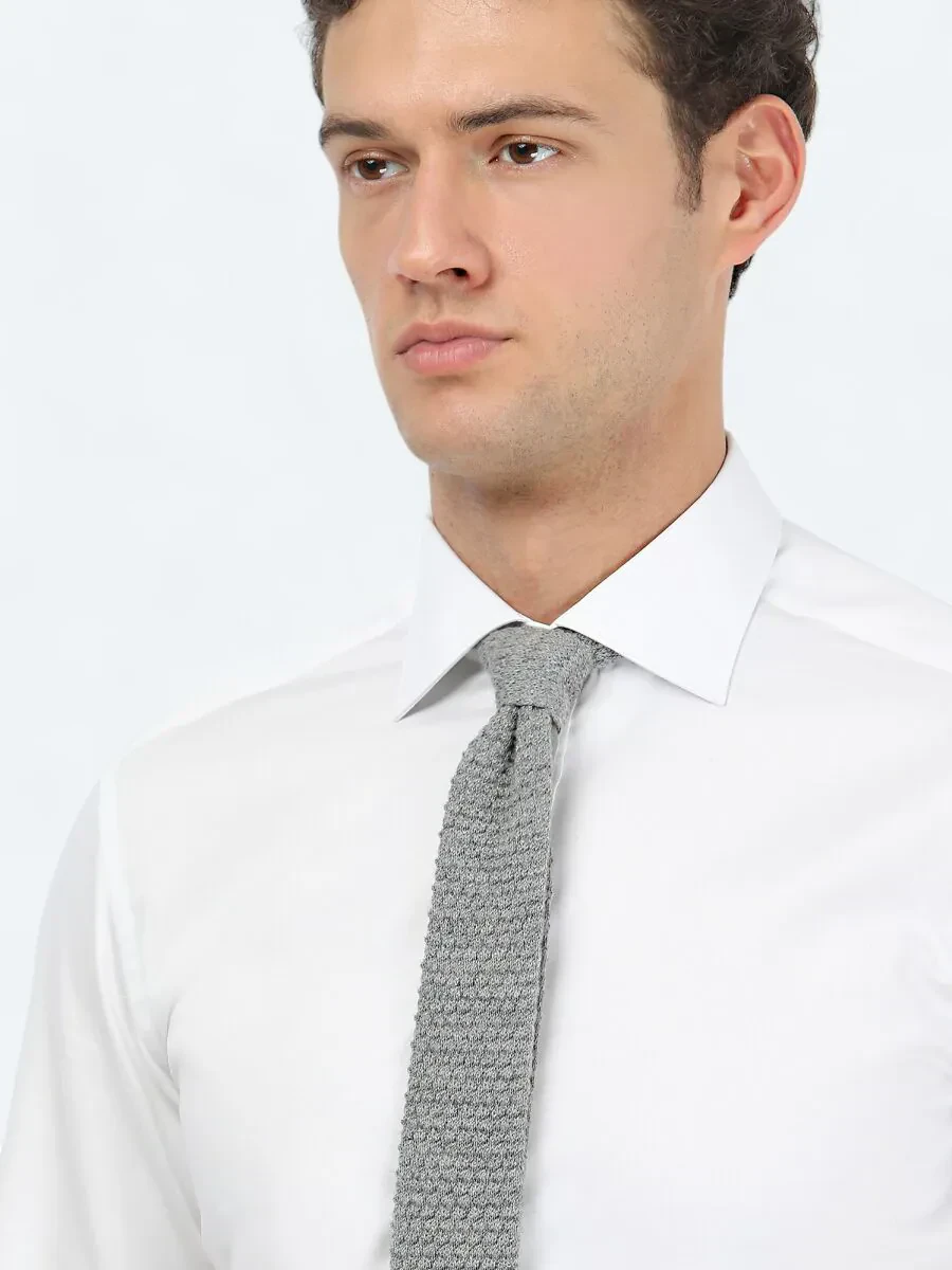 Beyaz Düz Slim Fit Dokuma Klasik %100 Pamuk Gömlek - 4