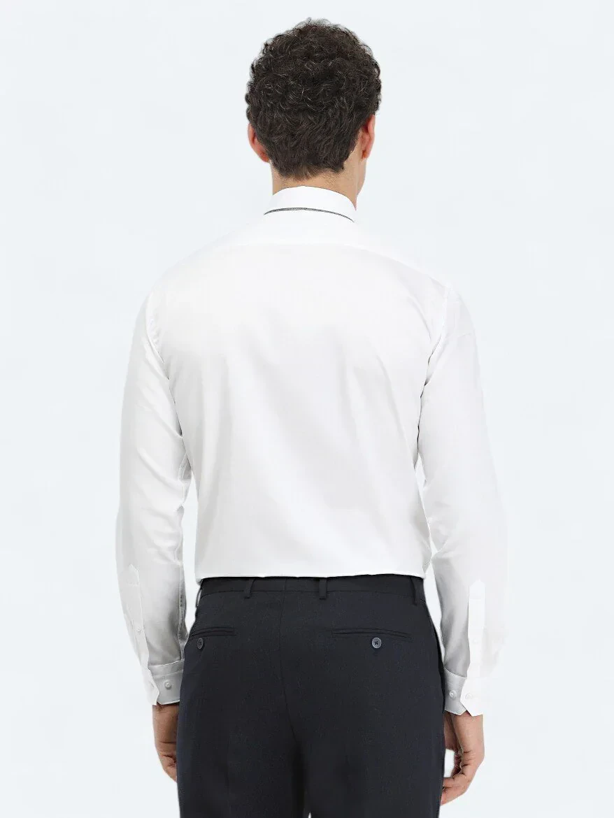Beyaz Düz Slim Fit Dokuma Klasik %100 Pamuk Gömlek - 5