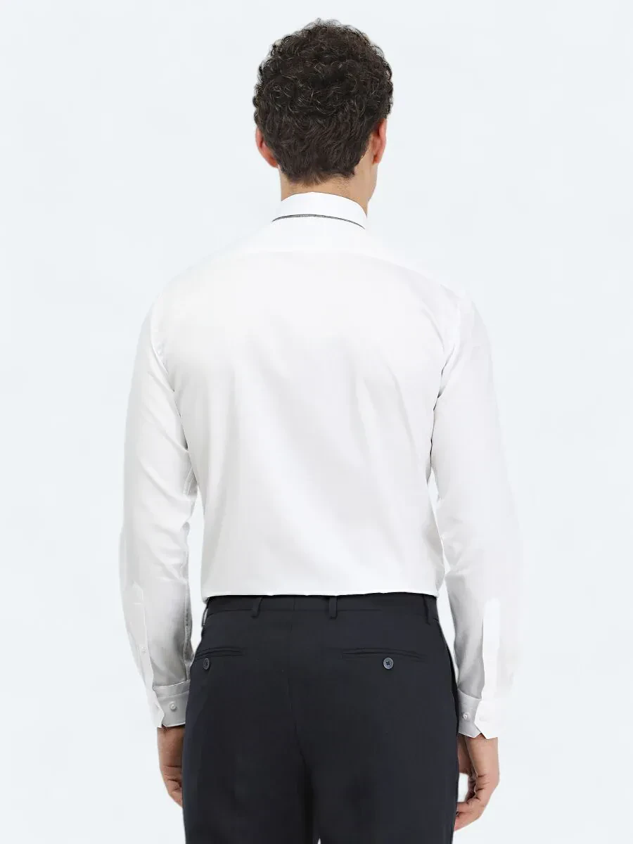 Beyaz Düz Slim Fit Dokuma Klasik %100 Pamuk Gömlek - 5