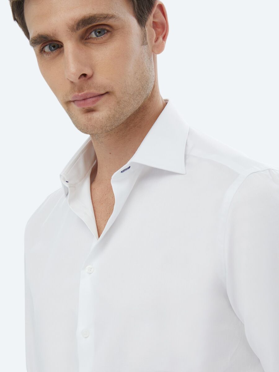 Beyaz Düz Slim Fit Dokuma Klasik %100 Pamuk Gömlek - 5