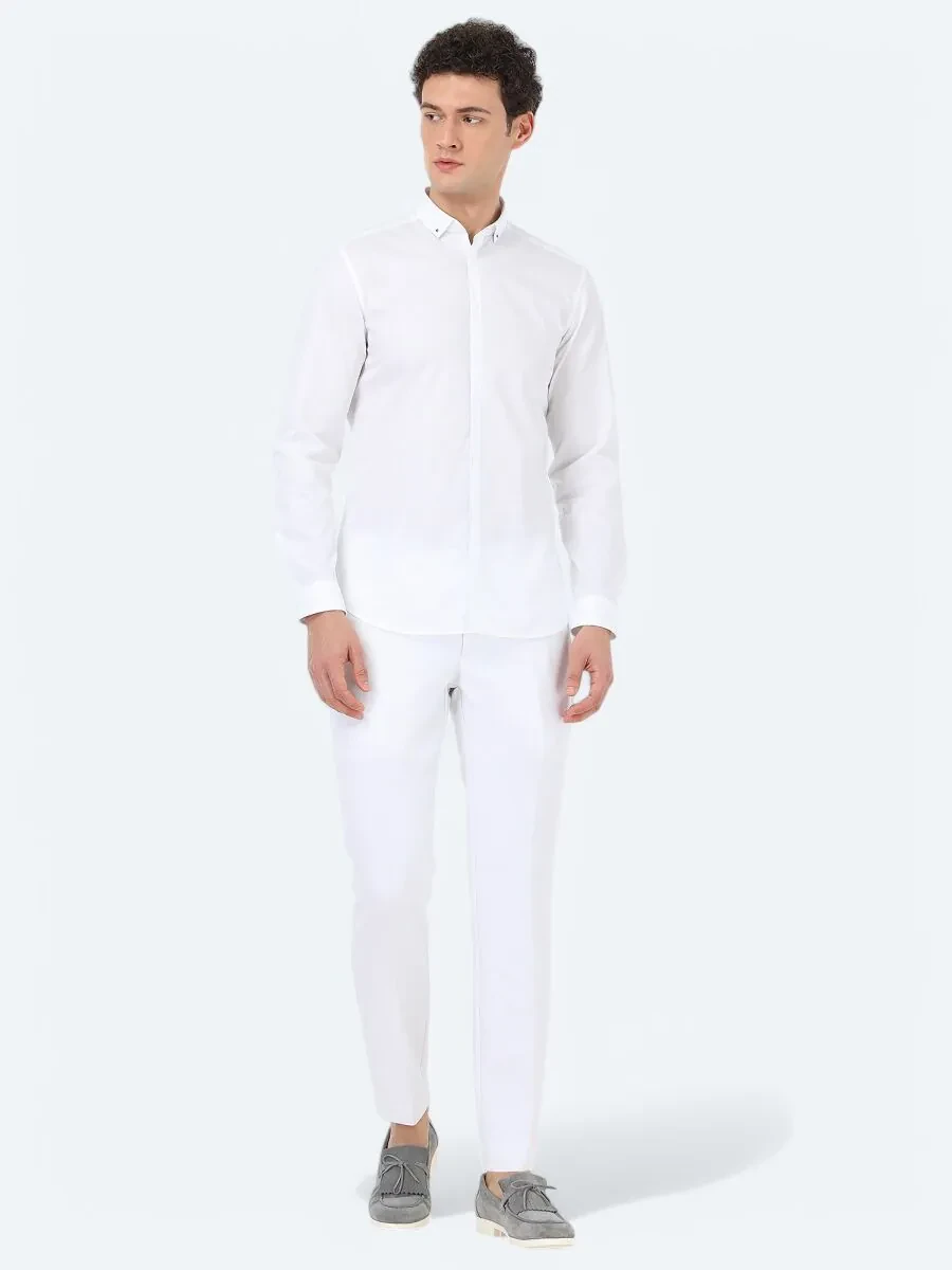 Beyaz Düz Slim Fit Dokuma Klasik %100 Pamuk Gömlek - 2