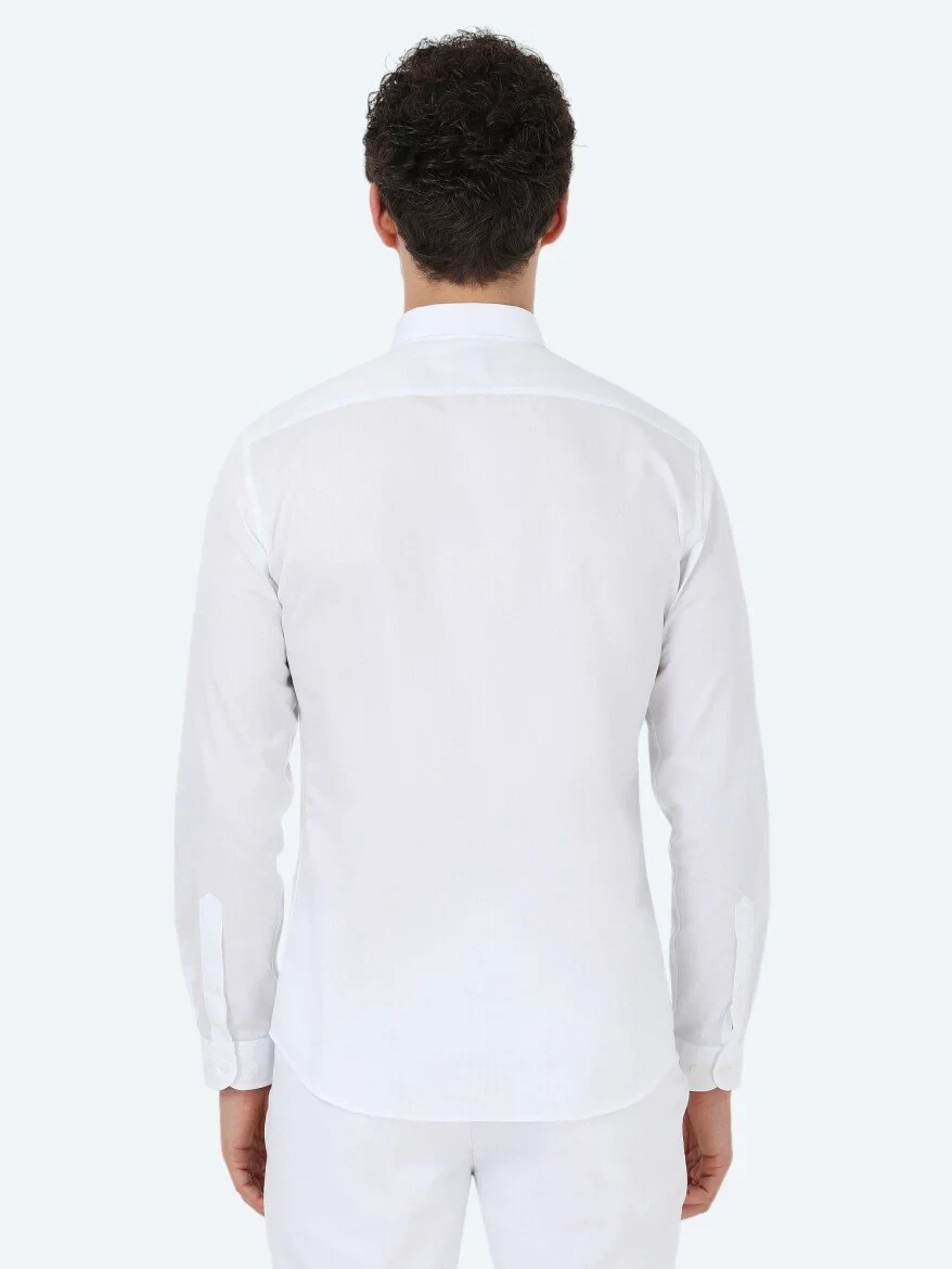 Beyaz Düz Slim Fit Dokuma Klasik %100 Pamuk Gömlek - 7