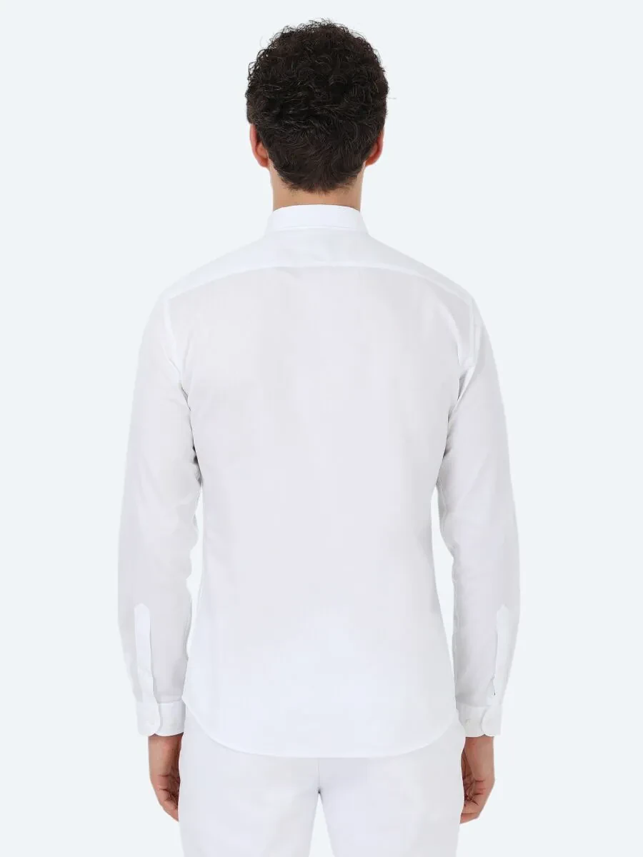 Beyaz Düz Slim Fit Dokuma Klasik %100 Pamuk Gömlek - 7