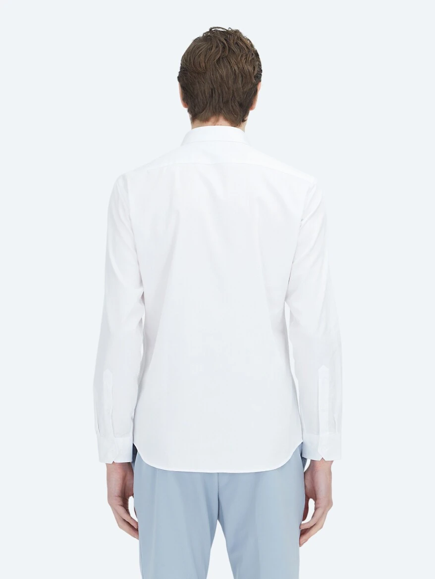 Beyaz Düz Slim Fit Dokuma Klasik %100 Pamuk Gömlek - 5