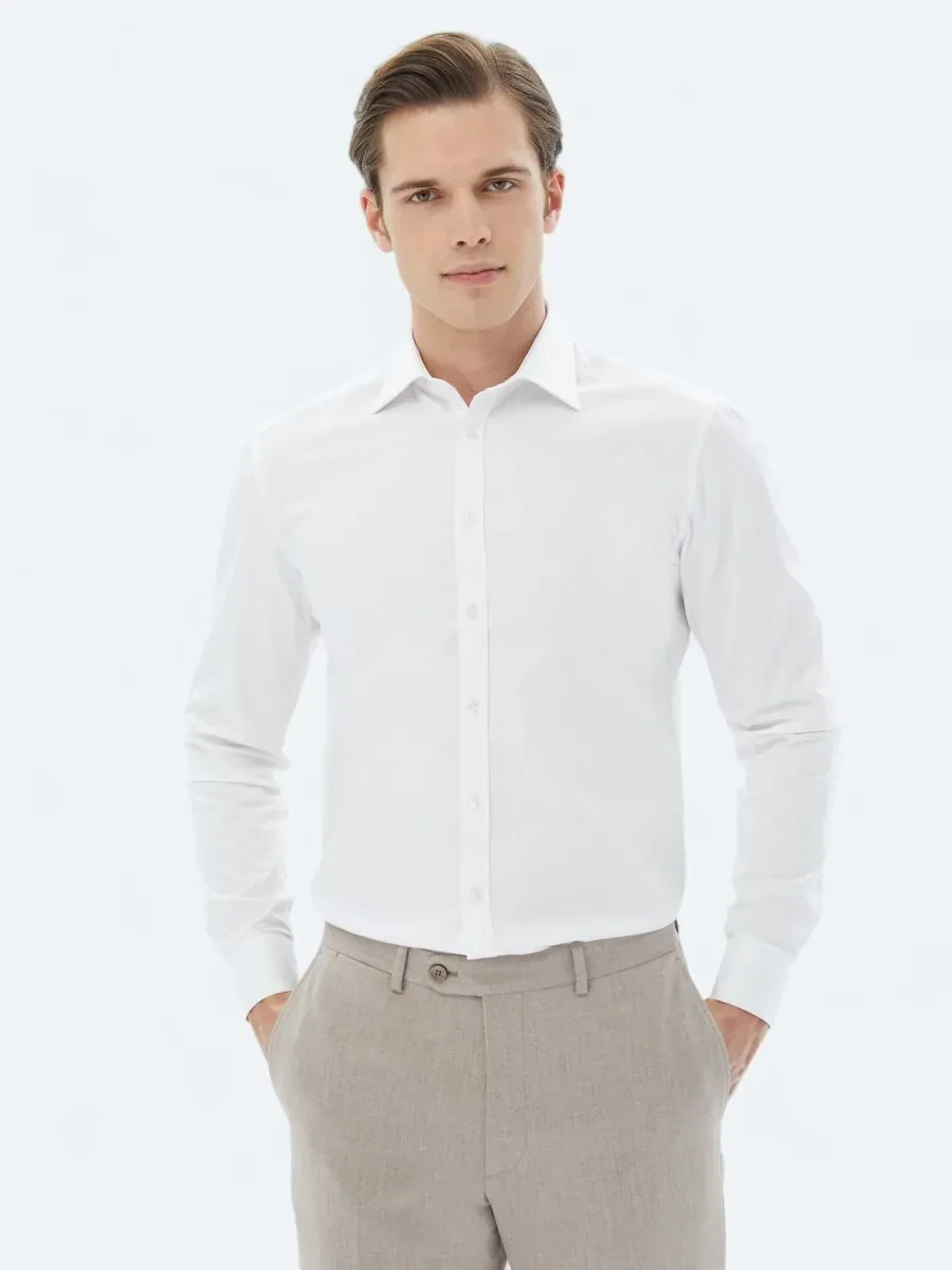Beyaz Düz Slim Fit Dokuma Klasik %100 Pamuk Gömlek - 1