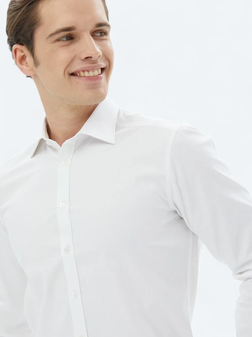 Beyaz Düz Slim Fit Dokuma Klasik %100 Pamuk Gömlek - 3