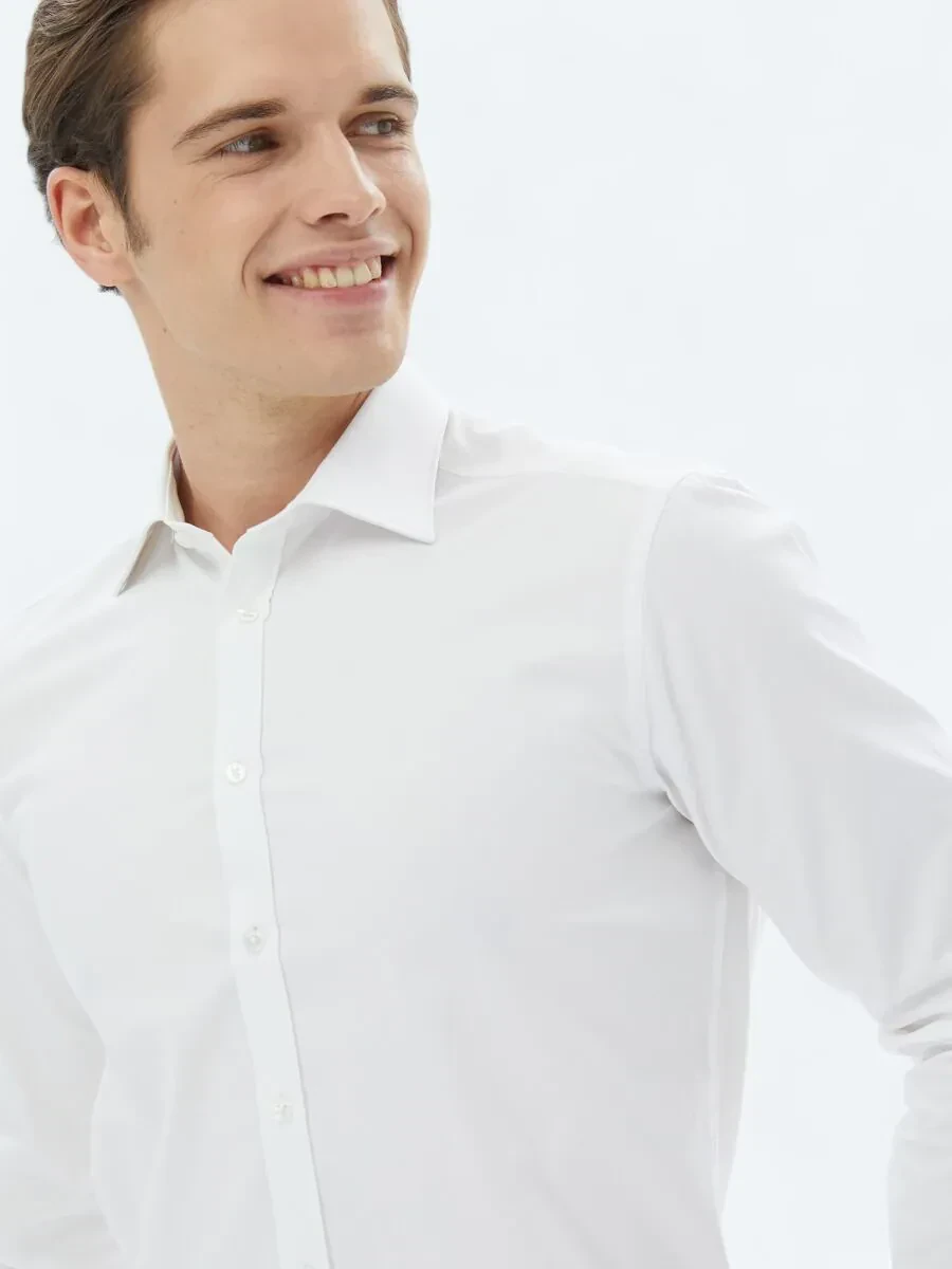 Beyaz Düz Slim Fit Dokuma Klasik %100 Pamuk Gömlek - 3