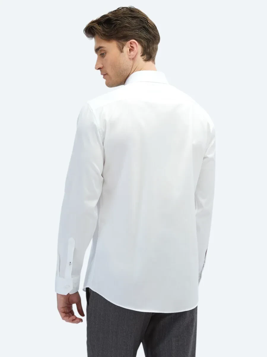 Beyaz Düz Slim Fit Dokuma Klasik %100 Pamuk Gömlek - 6