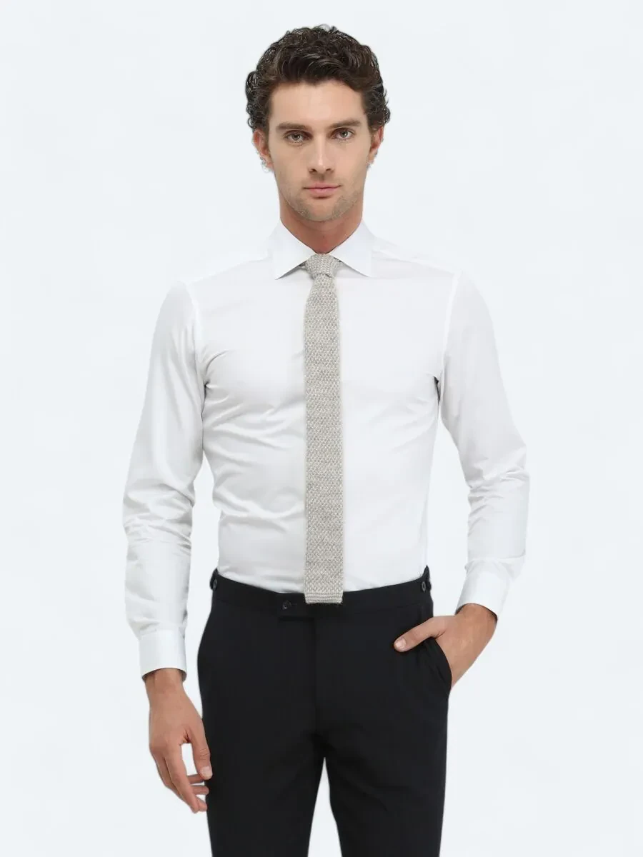 Beyaz Düz Slim Fit Dokuma Klasik %100 Pamuk Gömlek - 1