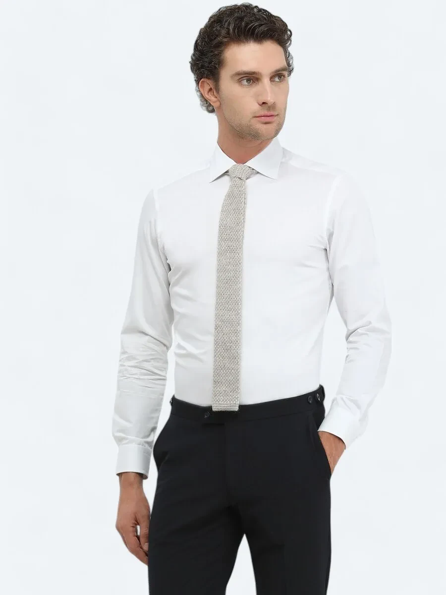 Beyaz Düz Slim Fit Dokuma Klasik %100 Pamuk Gömlek - 2