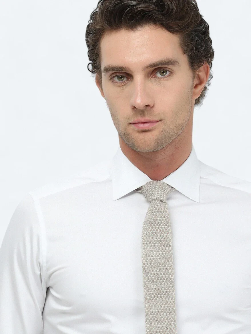 Beyaz Düz Slim Fit Dokuma Klasik %100 Pamuk Gömlek - 3