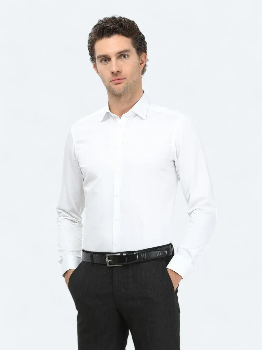 Beyaz Düz Slim Fit Dokuma Klasik %100 Pamuk Gömlek - KİP