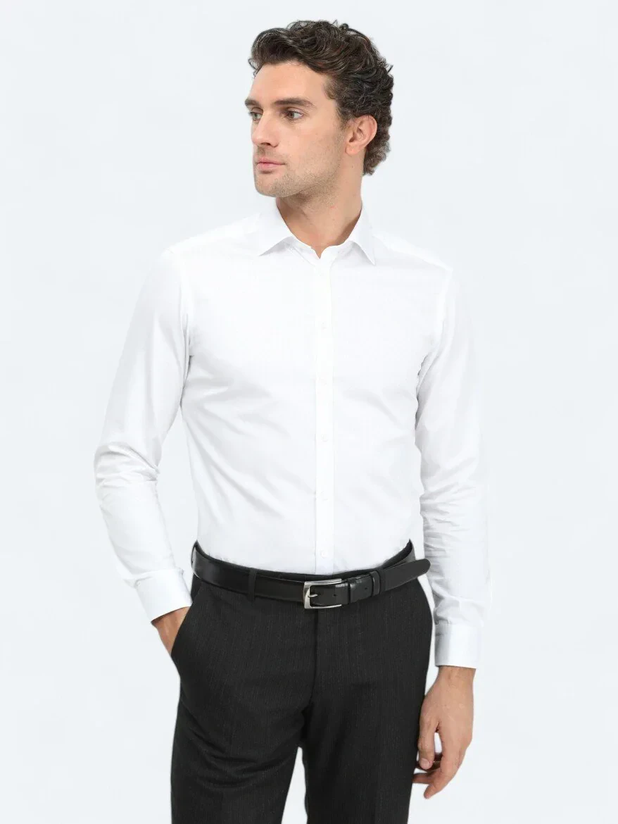 Beyaz Düz Slim Fit Dokuma Klasik %100 Pamuk Gömlek - 2