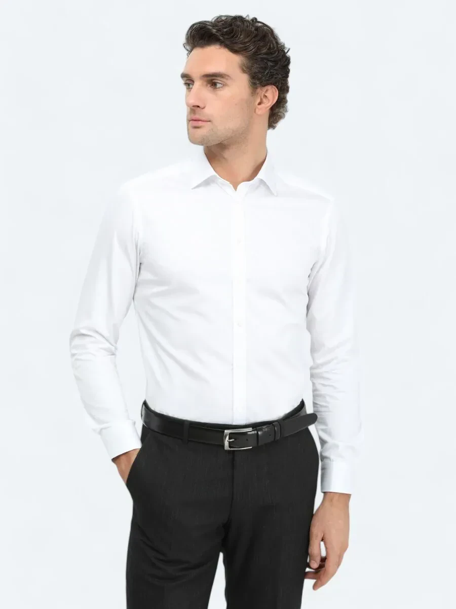 Beyaz Düz Slim Fit Dokuma Klasik %100 Pamuk Gömlek - 2