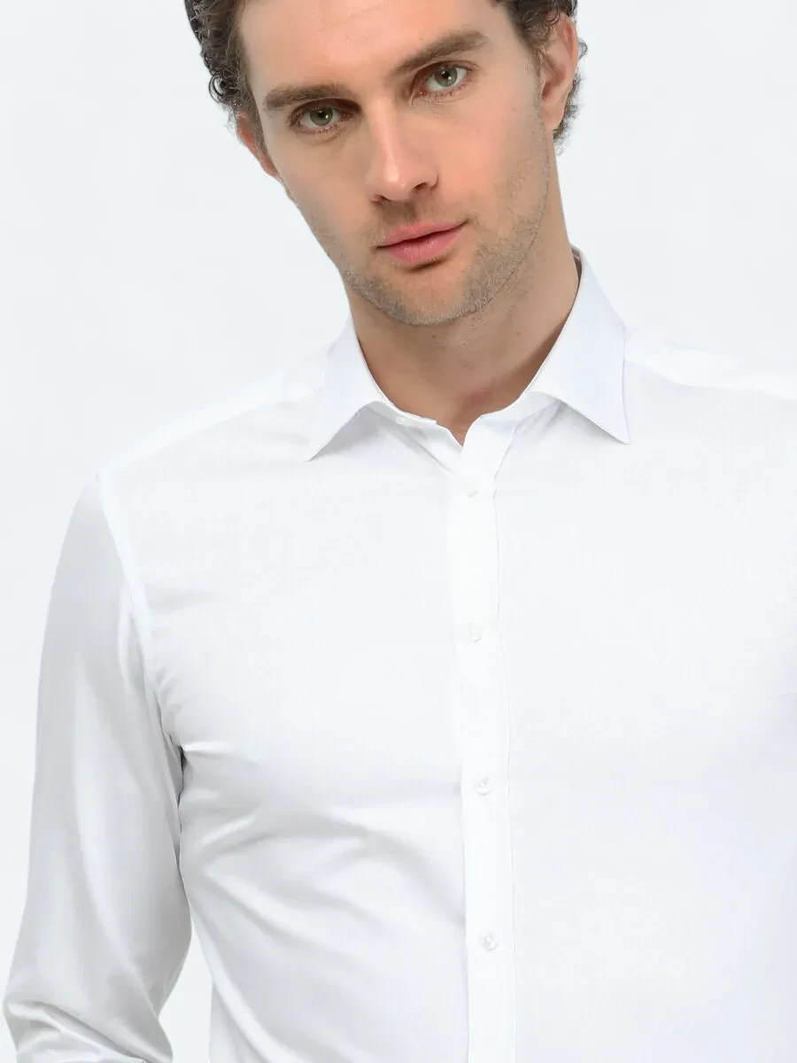 Beyaz Düz Slim Fit Dokuma Klasik %100 Pamuk Gömlek - 3