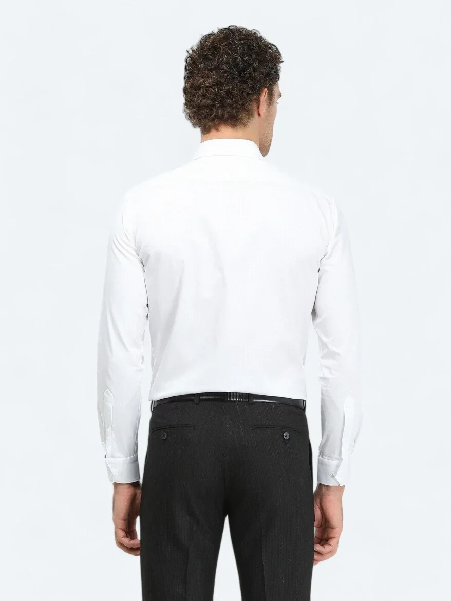Beyaz Düz Slim Fit Dokuma Klasik %100 Pamuk Gömlek - 5