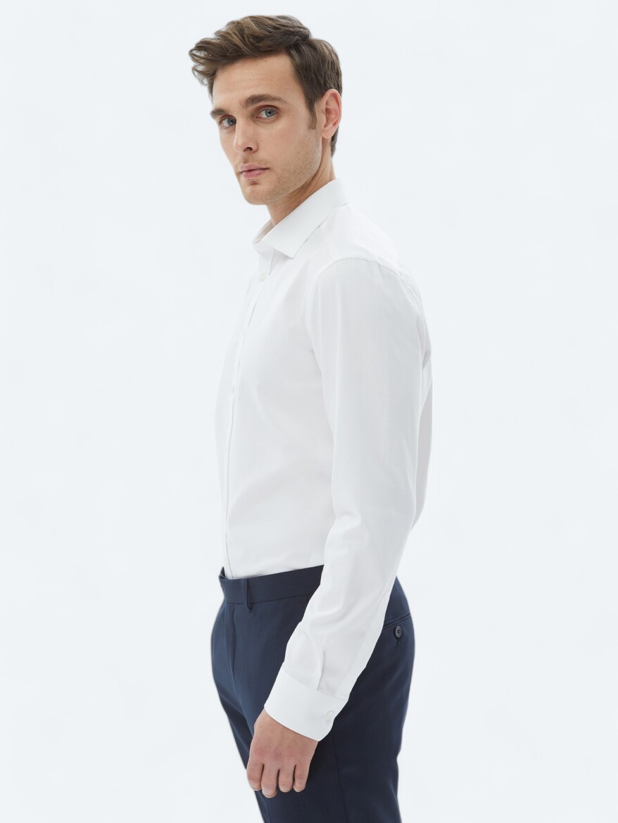 Beyaz Düz Slim Fit Dokuma Klasik %100 Pamuk Gömlek - 3