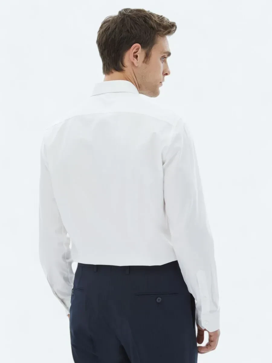 Beyaz Düz Slim Fit Dokuma Klasik %100 Pamuk Gömlek - 5