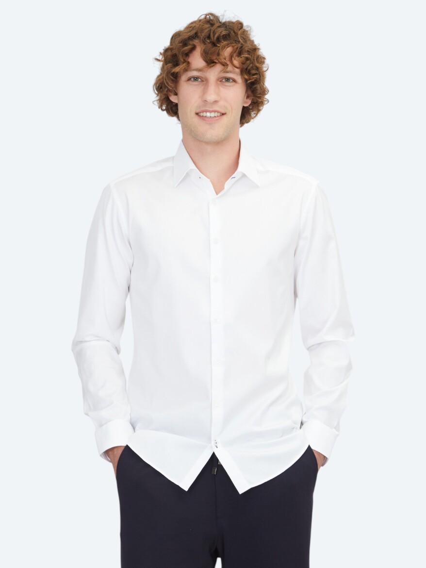 Beyaz Düz Slim Fit Dokuma Klasik %100 Pamuk Gömlek - 1