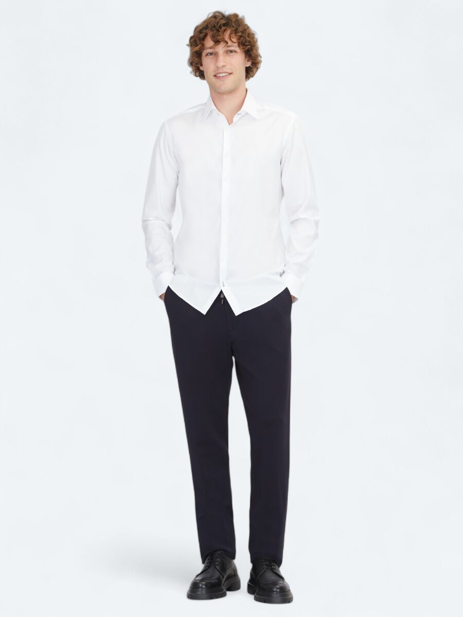 Beyaz Düz Slim Fit Dokuma Klasik %100 Pamuk Gömlek - 2