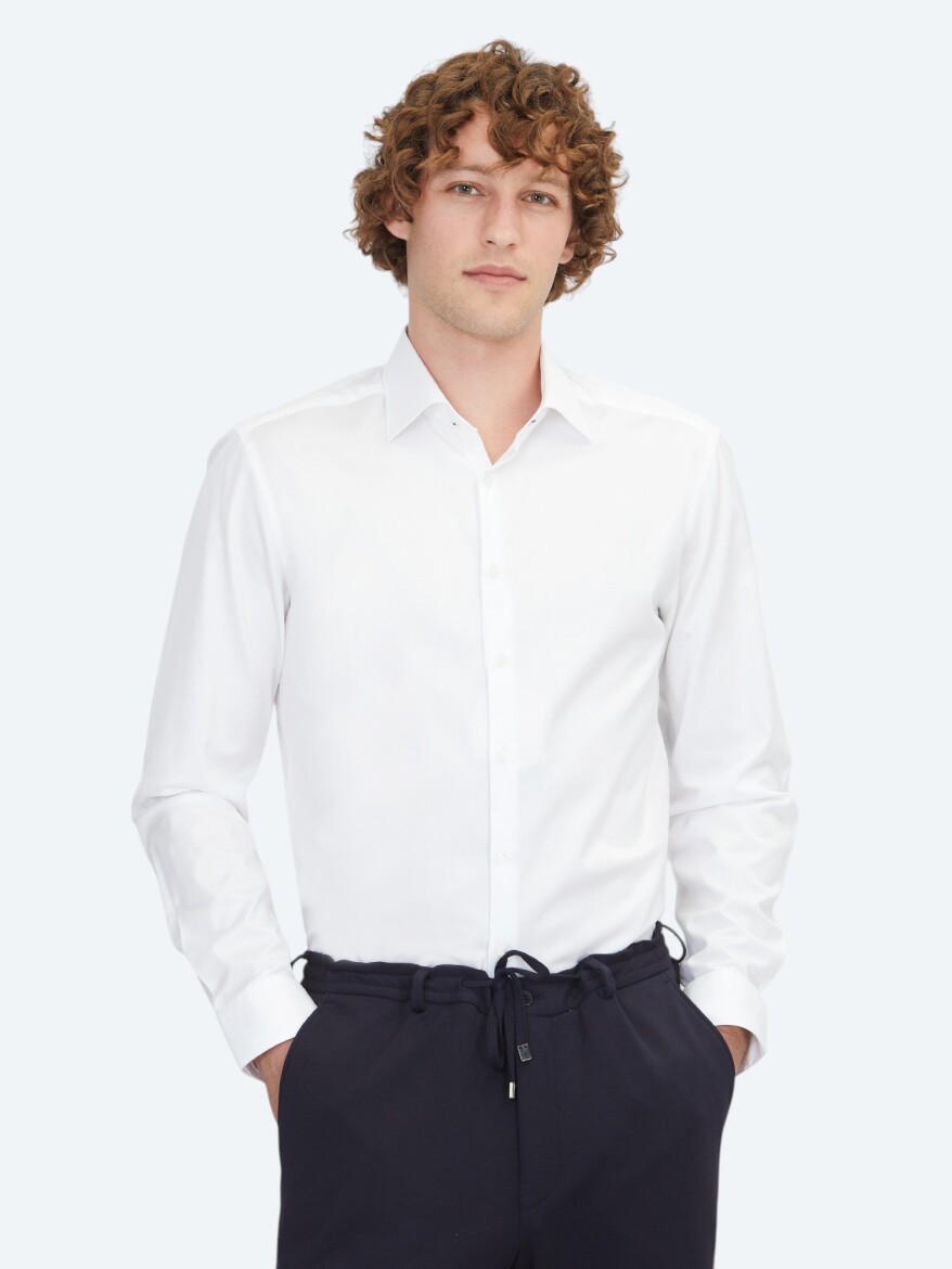 Beyaz Düz Slim Fit Dokuma Klasik %100 Pamuk Gömlek - 3