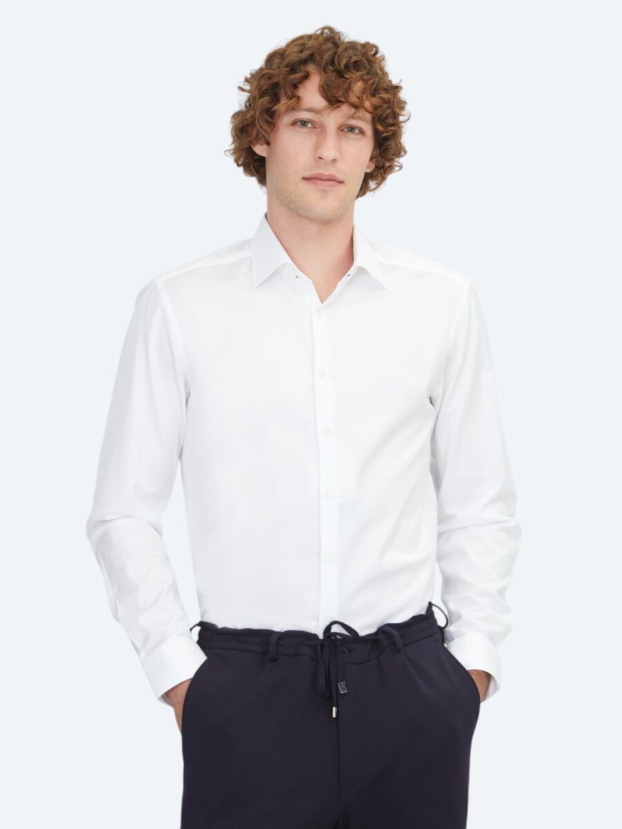 Beyaz Düz Slim Fit Dokuma Klasik %100 Pamuk Gömlek - 3