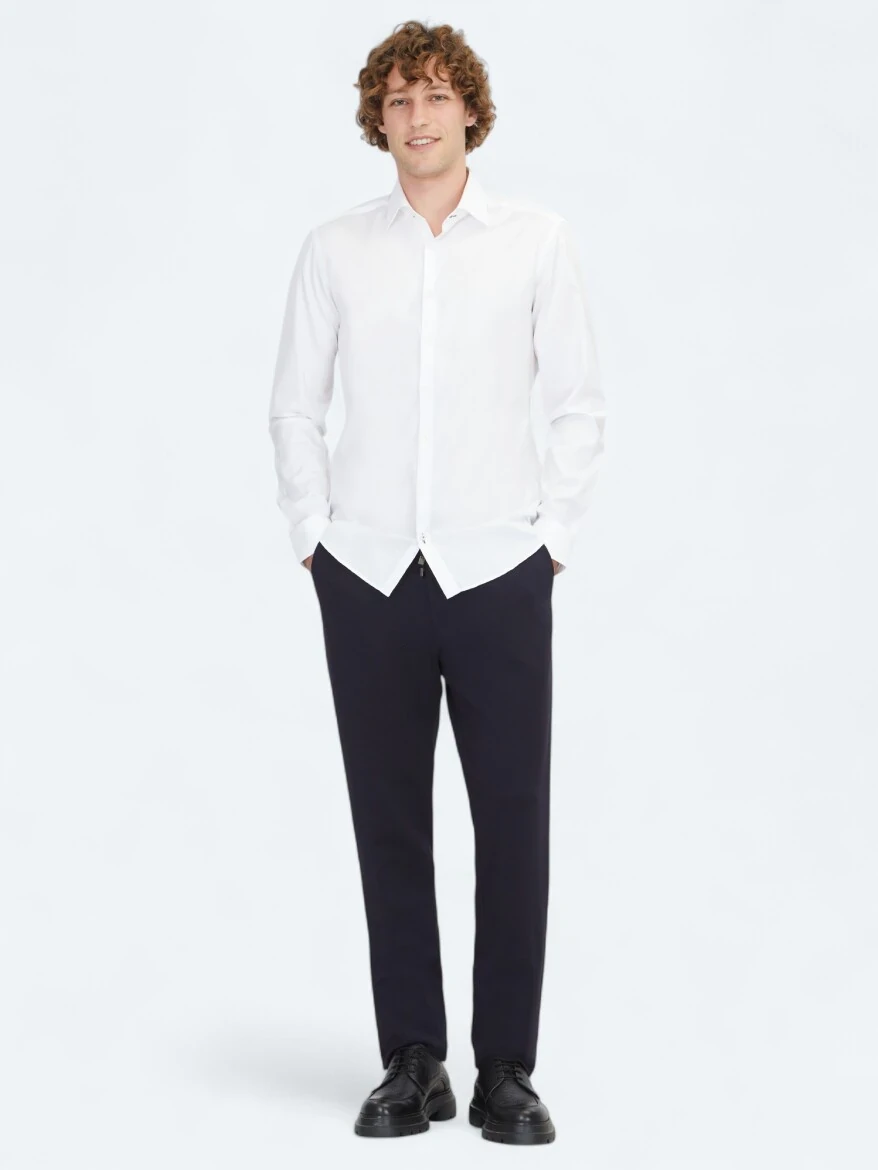 Beyaz Düz Slim Fit Dokuma Klasik %100 Pamuk Gömlek - 2