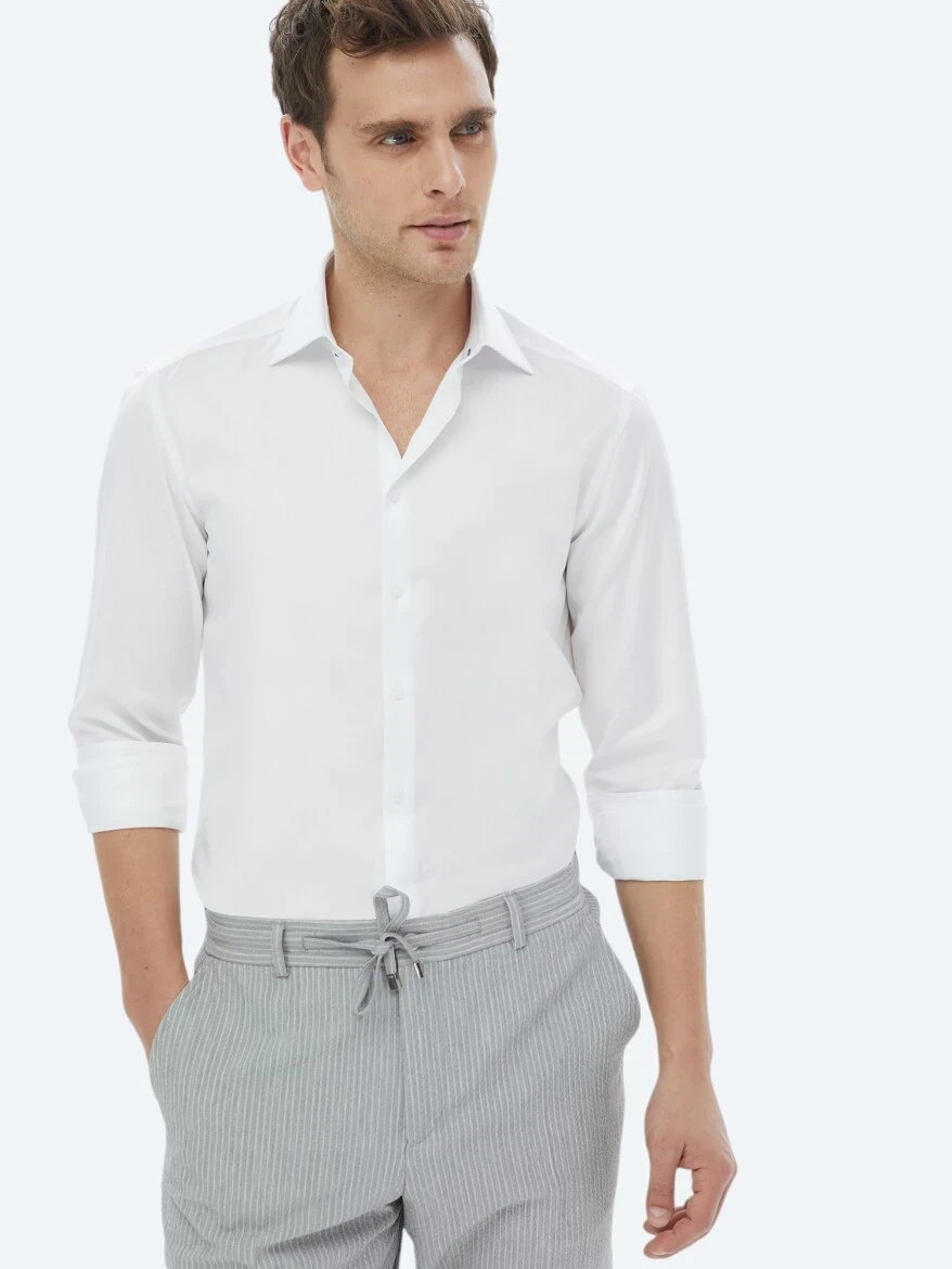 Beyaz Düz Slim Fit Dokuma Klasik %100 Pamuk Gömlek 