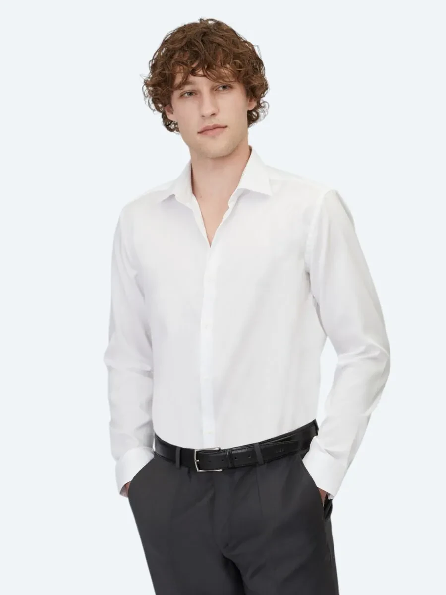 Beyaz Düz Slim Fit Dokuma Klasik %100 Pamuk Gömlek - 1