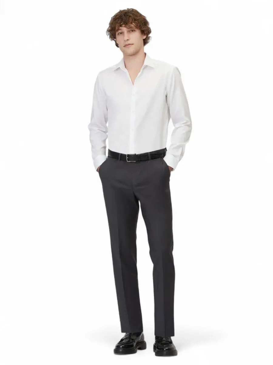 Beyaz Düz Slim Fit Dokuma Klasik %100 Pamuk Gömlek - 2