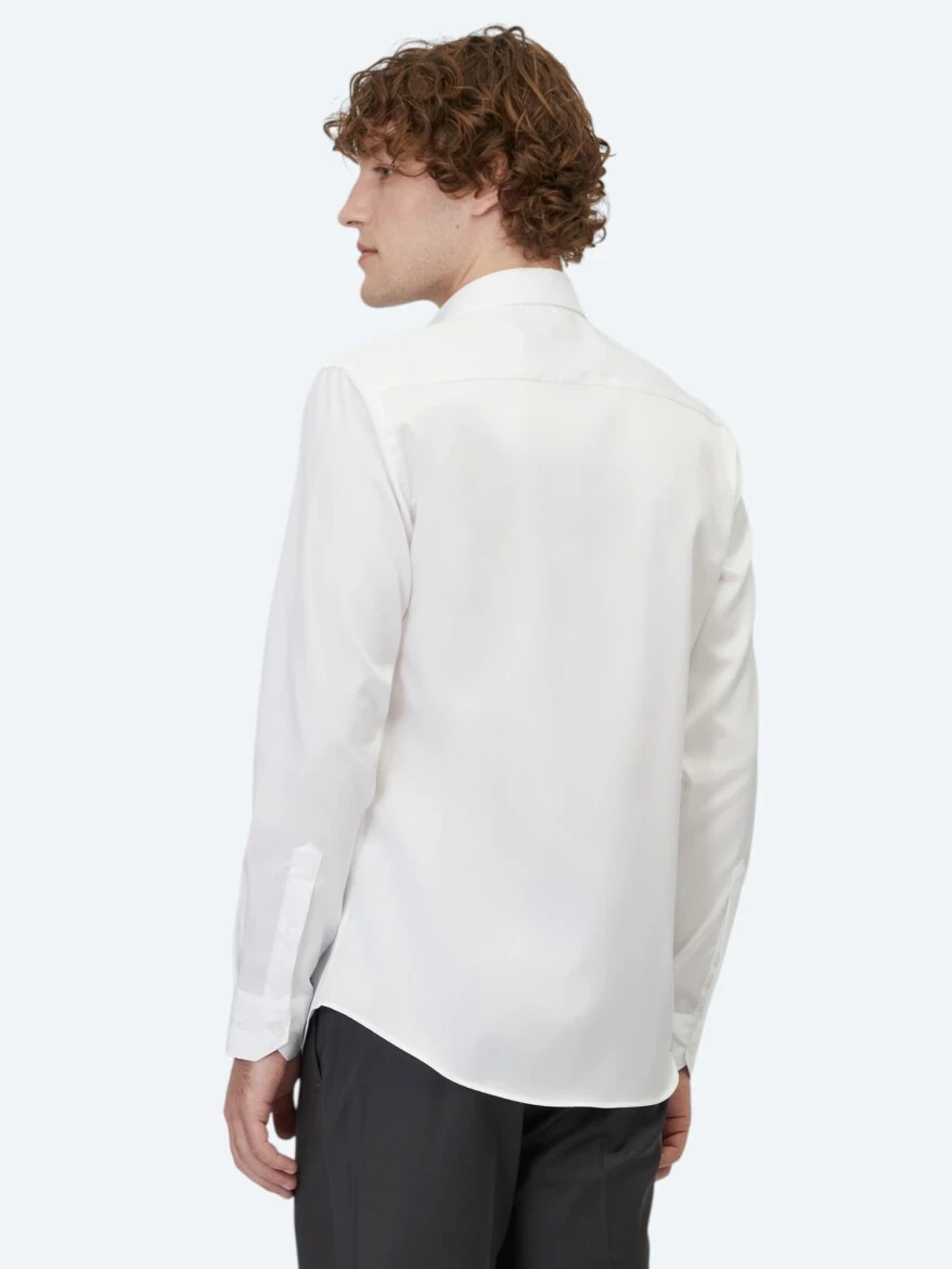 Beyaz Düz Slim Fit Dokuma Klasik %100 Pamuk Gömlek - 4