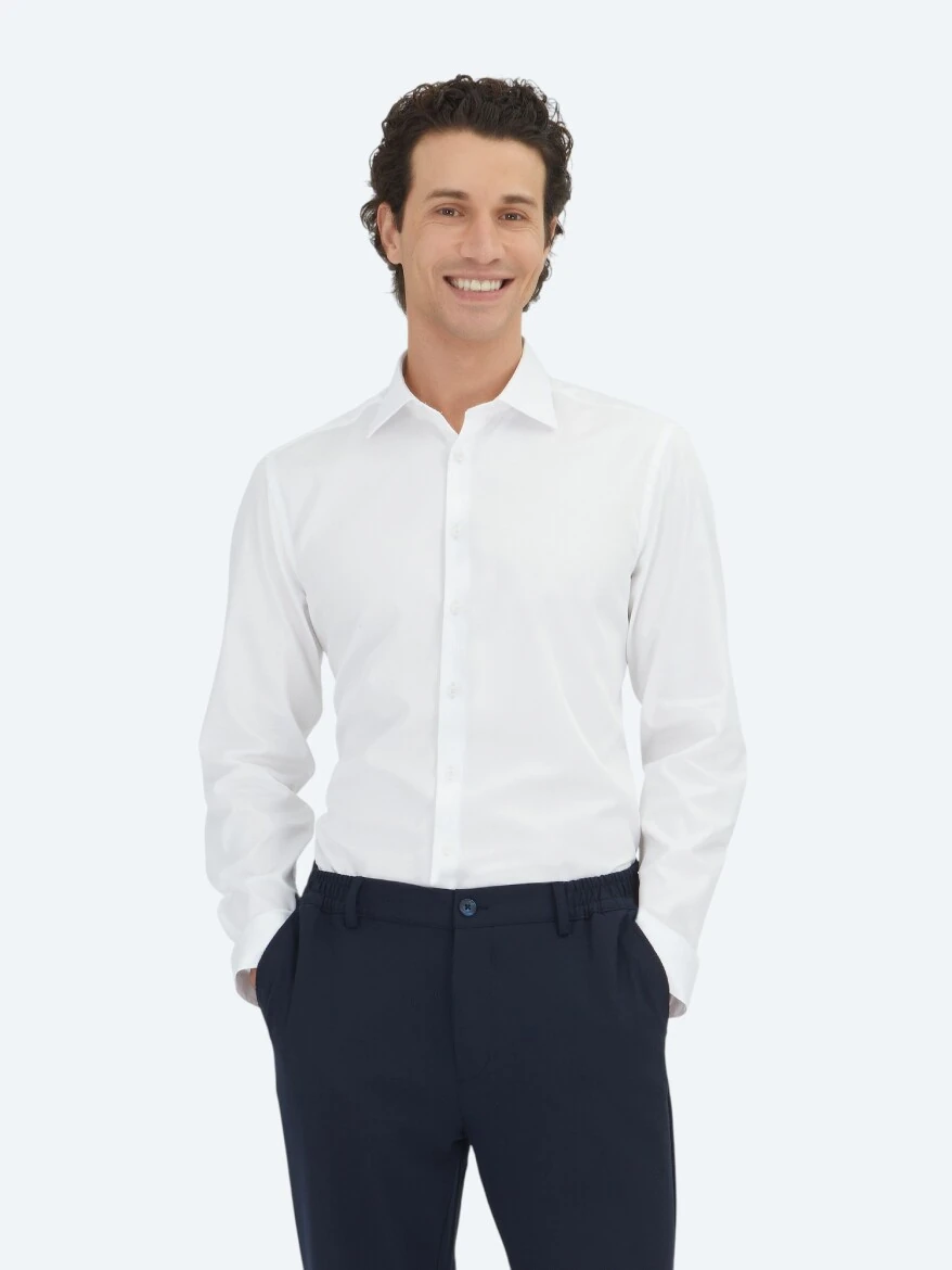 Beyaz Düz Slim Fit Dokuma Klasik %100 Pamuk Gömlek - KİP