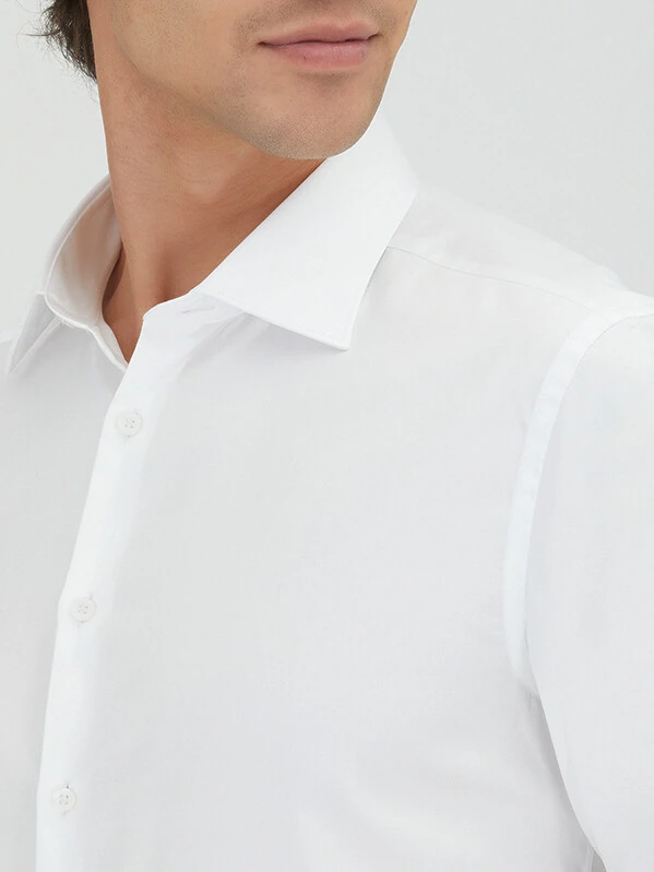 Beyaz Düz Slim Fit Dokuma Klasik %100 Pamuk Gömlek - 4