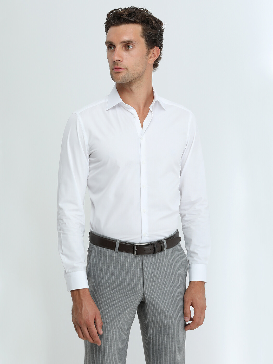 Beyaz Düz Slim Fit Dokuma Klasik Pamuk Karışımlı Gömlek 