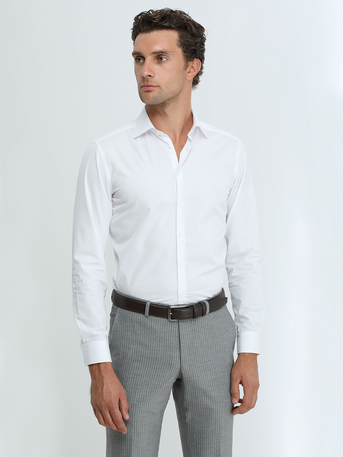 Beyaz Düz Slim Fit Dokuma Klasik Pamuk Karışımlı Gömlek - 1