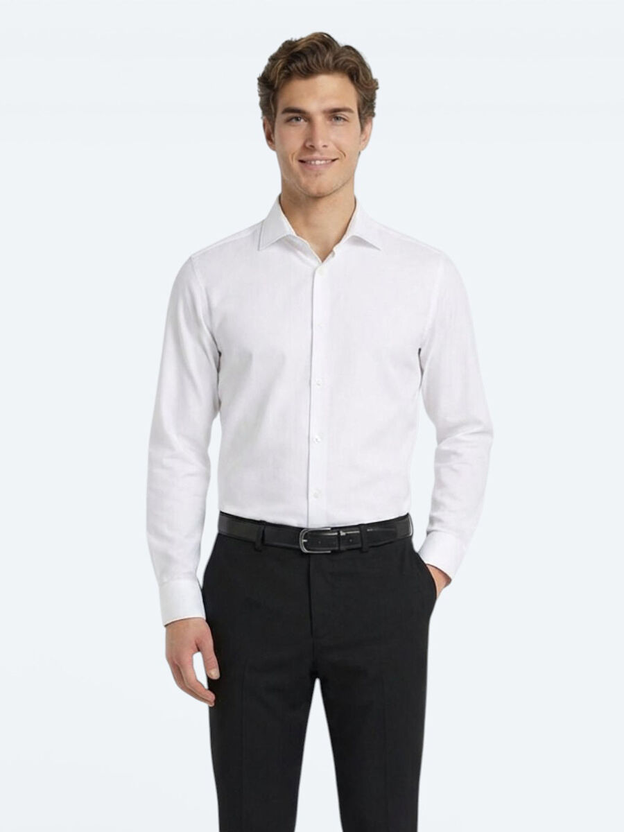 Beyaz Düz Slim Fit Dokuma Klasik Pamuk Karışımlı Gömlek - 4