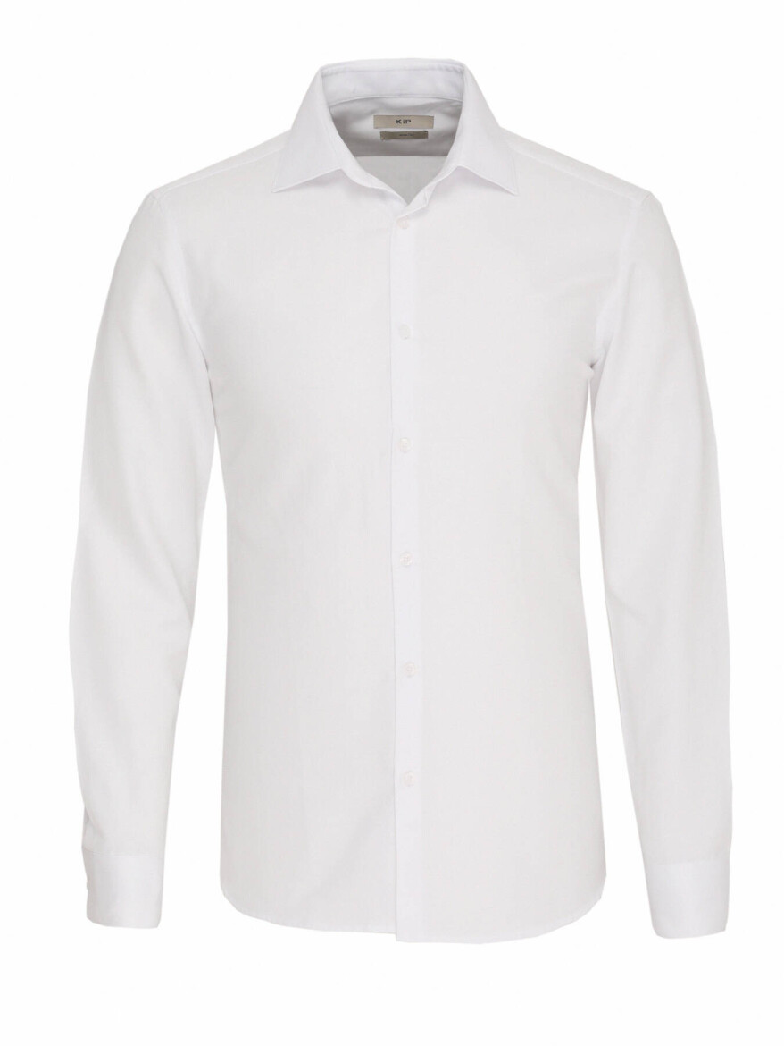 Beyaz Düz Slim Fit Dokuma Klasik Pamuk Karışımlı Gömlek - 6