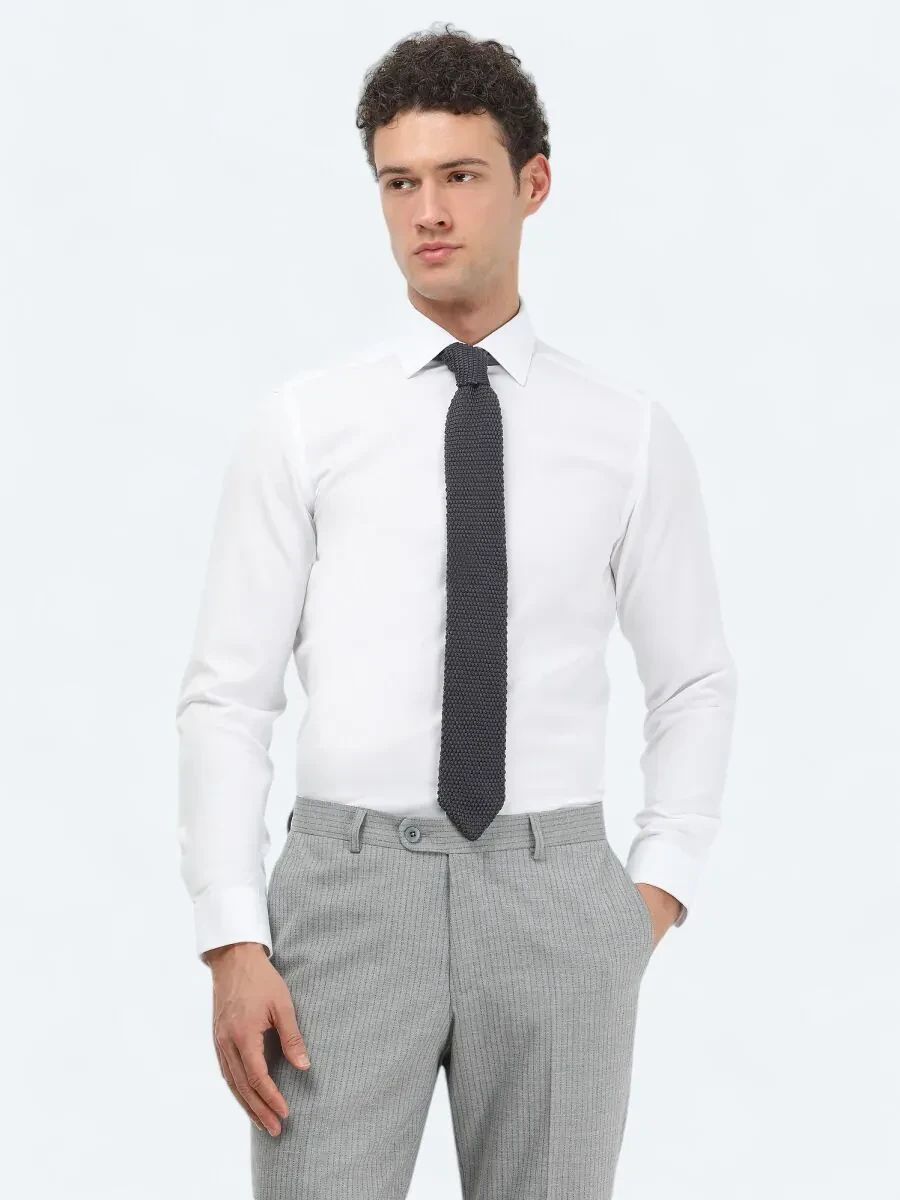 Beyaz Düz Slim Fit Dokuma Klasik Pamuk Karışımlı Gömlek - 1